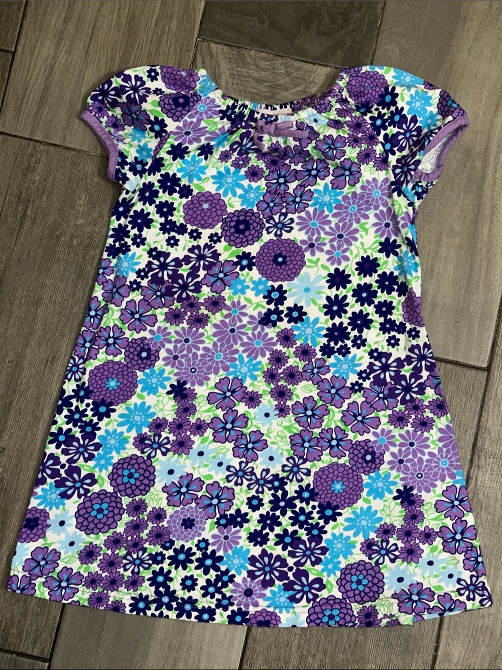 Hanna Anderson Purple Floral Dress Cotton Short Sleeve Youth Girls Size 5/6
